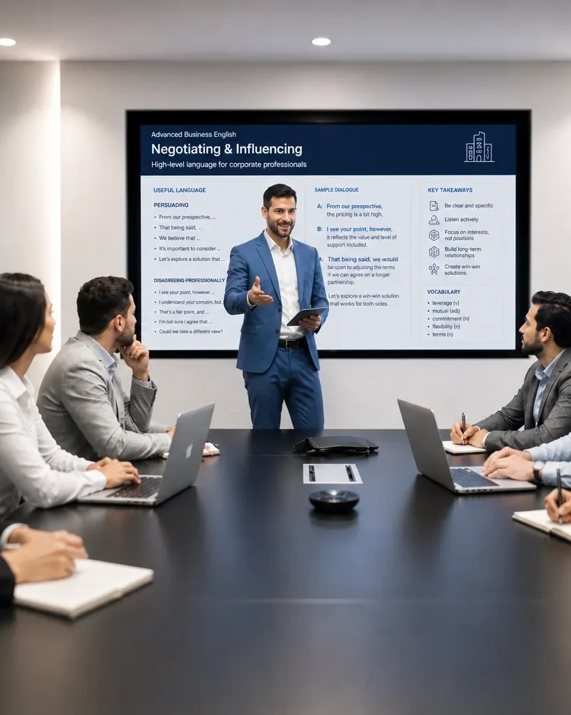 Clase de inglés de negocios para el equipo de una empresa, con profesor y presentación en la sala de juntas